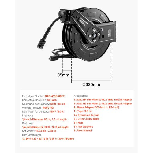 Pressure Washer Hose Reel 60 ft x 14 inch Retractable Power HeavyDuty