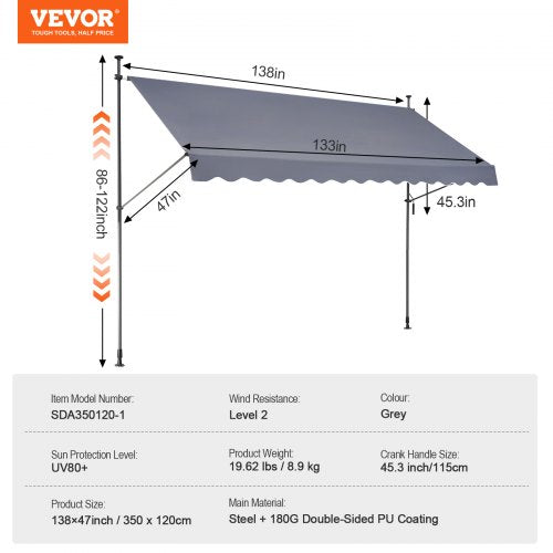 138 x 47 Patio Awning Retractable Awning Sunshade Shelter with Manual