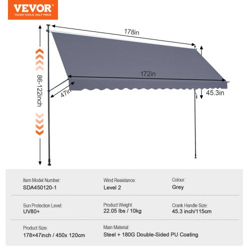 178 x 47 Patio Awning Retractable Awning Sunshade Shelter with Manual