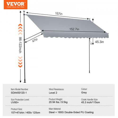157x47 Patio Awning Retractable Awning Sunshade Shelter with Crank Handle –
