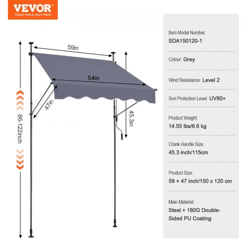 59 x 47 Patio Awning Retractable Awning Sunshade Shelter with Manual Crank