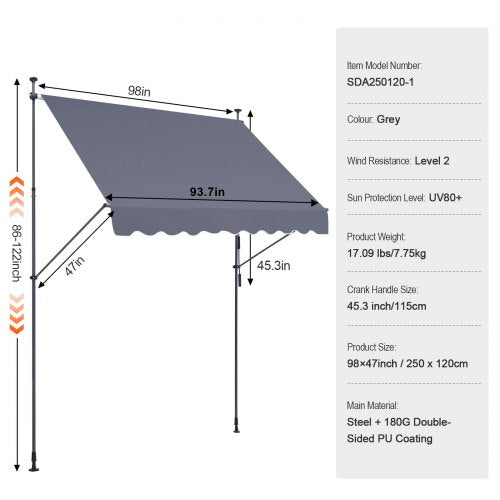 98 x 47 Patio Awning Retractable Awning Sunshade Shelter with Manual Crank