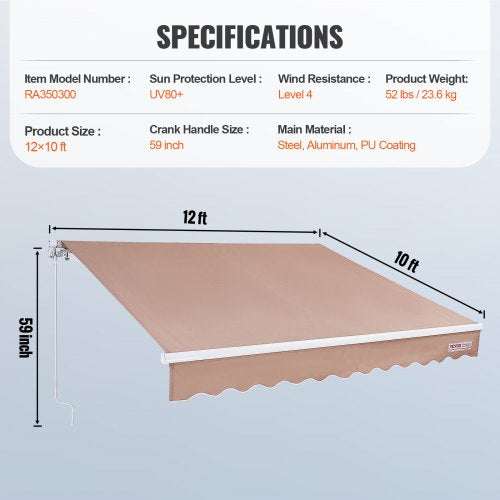 Manual Retractable Awning 12 x 10 ft Outdoor Patio Awning Retractable Sun