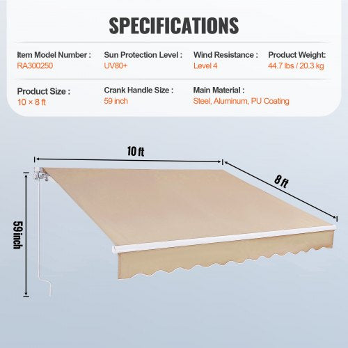 Manual Retractable Awning 10 x 8 ft Outdoor Patio Awning Retractable Sun
