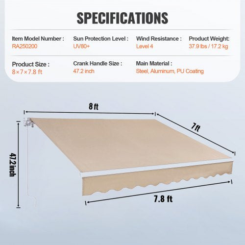 Manual Retractable Awning 8 x 7 ft Outdoor Patio Awning Retractable Sun