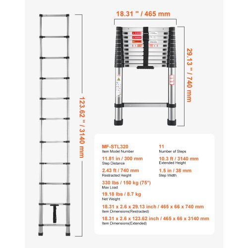 Telescoping Ladder 105ft Stainless Steel Lightweight Extension Ladder