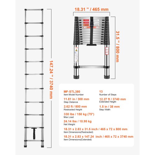 Telescoping Ladder 125ft Stainless Steel Lightweight Extension Ladder