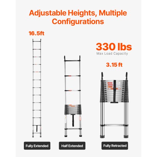 Telescoping Ladder 16.5ft Stainless Steel Lightweight Extension Ladder