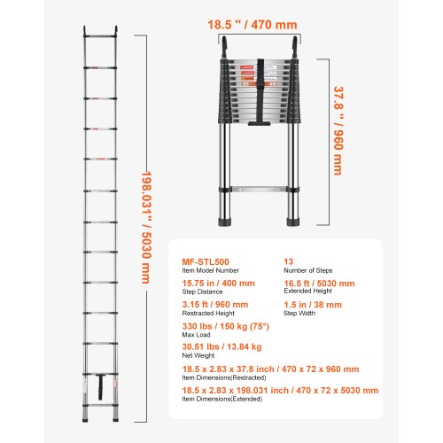 Telescoping Ladder 16.5ft Stainless Steel Lightweight Extension Ladder