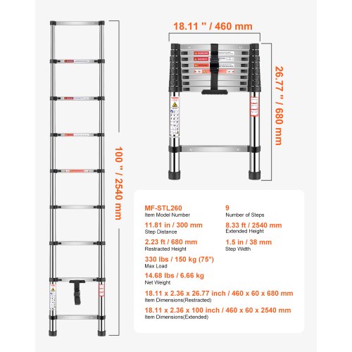 Telescoping Ladder 8.5ft Stainless Steel Lightweight Extension Ladder