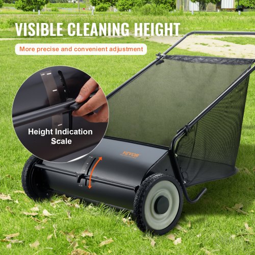 Push Lawn Sweeper 26inch Leaf Grass Collector Strong Rubber Wheels