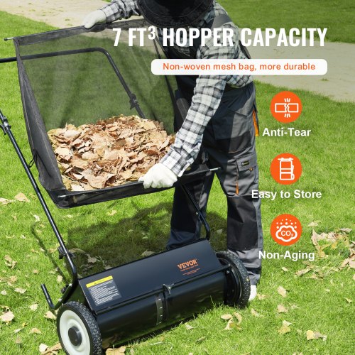 Push Lawn Sweeper 26inch Leaf Grass Collector Strong Rubber Wheels