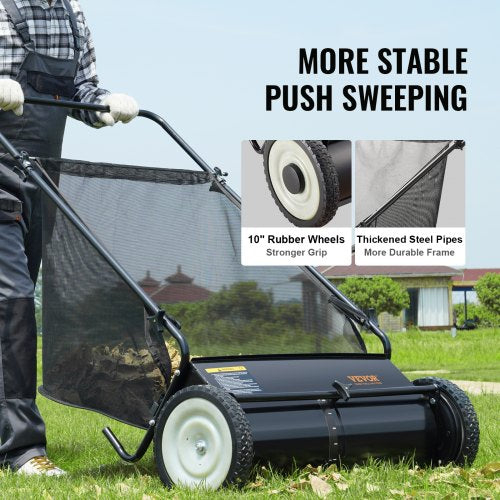 Push Lawn Sweeper 26inch Leaf Grass Collector Strong Rubber Wheels