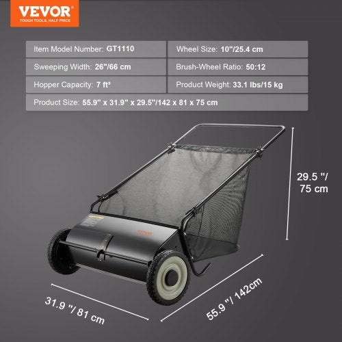 Push Lawn Sweeper 26inch Leaf Grass Collector Strong Rubber Wheels
