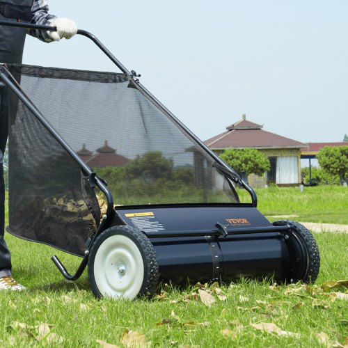 Push Lawn Sweeper 26inch Leaf Grass Collector Strong Rubber Wheels