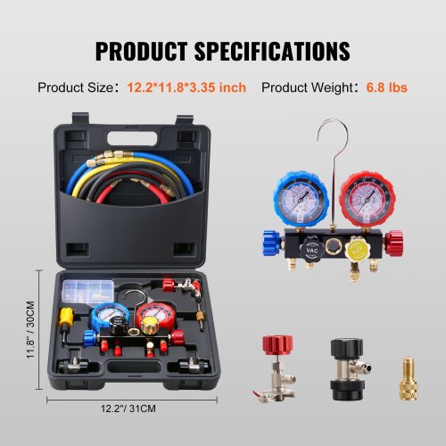 4 Way AC Gauge – AC Manifold Gauge Set for R134A R22 R12 R410A Refrigerant