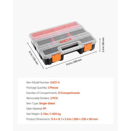 3Pack Small Parts Organizer 21 Compartments Tools Organizer Box with Removable