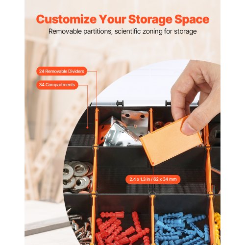 Small Parts Organizer 34Compartment Double Side Tools Organizer Box with 24