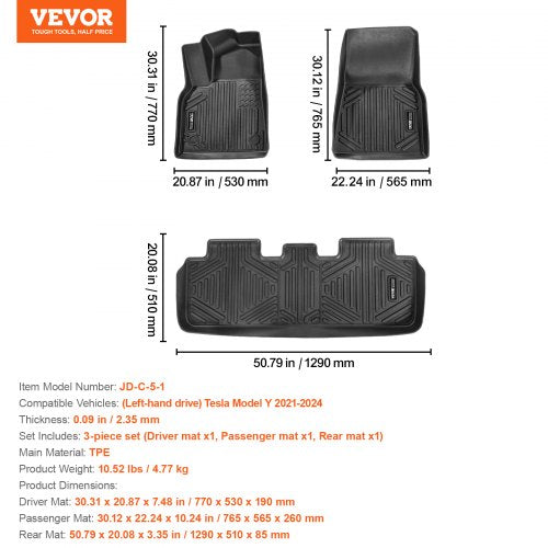 Automotive Floor Mats Fits for Tesla Model Y 20212024 3 pcs Front and 2nd