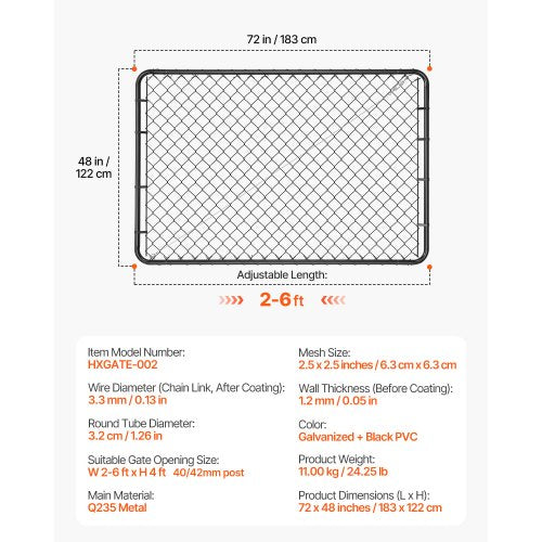 Chain Link Fence Gate 72 x 48 in Adjustable Chain Link Fence Panel Fit