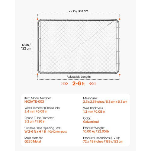 Chain Link Fence Gate 72 x 48 in Adjustable Chain Link Fence Panel Fit