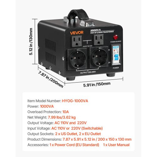 Voltage Converter Transformer 1000VA Heavy Duty Step UpDown Power