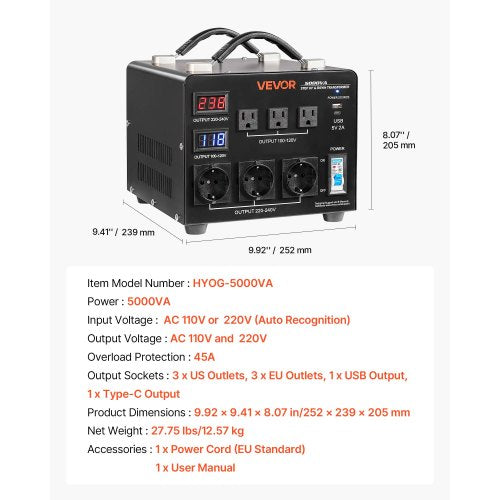 Voltage Auto Converter Transformer 5000VA Heavy Duty Step UpDown Power