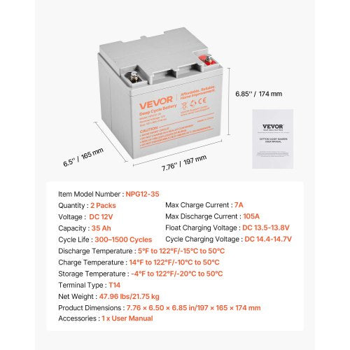 2 Pack 12V 35Ah Deep Cycle Battery Sealed AGM Technology Rechargeable Lead