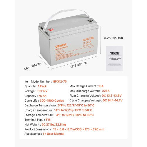 12V 75Ah Deep Cycle Battery Sealed AGM Technology Rechargeable Lead Acid