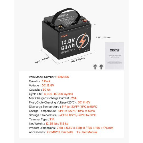 12V 50Ah LiFePO4 Battery Up to 15000 Cycles Deep Cycle Lithium Iron