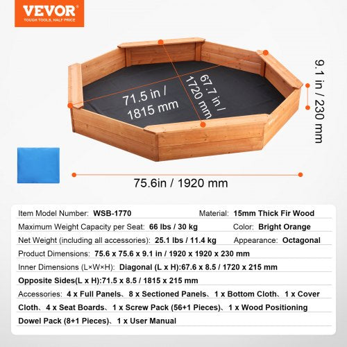 Wooden Sandbox with Cover 756 x 756 x 9.1 in Octagonal Sand Box Sand Pit