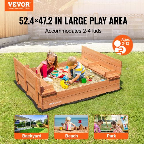 Wooden Sandbox 524 x 472 x 16.9 in Sand Box Sand Pit with Foldable Bench