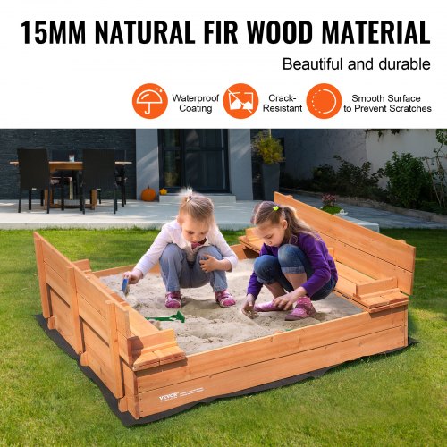 Wooden Sandbox 524 x 472 x 16.9 in Sand Box Sand Pit with Foldable Bench
