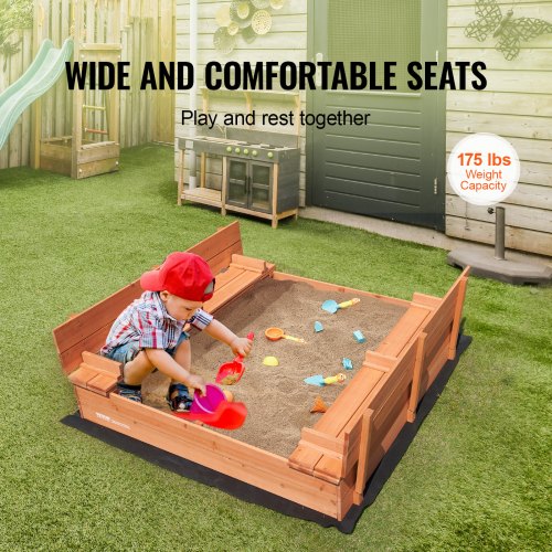 Wooden Sandbox 524 x 472 x 16.9 in Sand Box Sand Pit with Foldable Bench