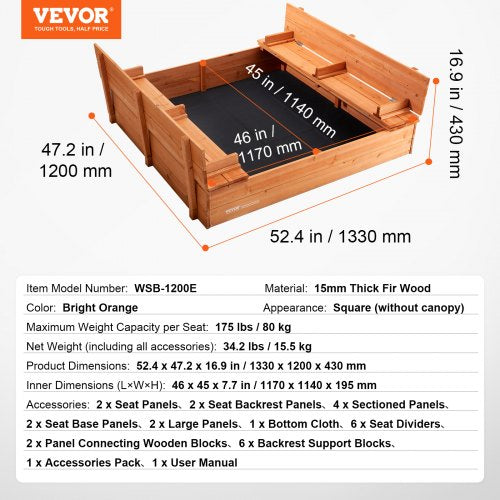 Wooden Sandbox 524 x 472 x 16.9 in Sand Box Sand Pit with Foldable Bench