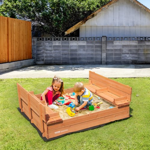 Wooden Sandbox 524 x 472 x 16.9 in Sand Box Sand Pit with Foldable Bench