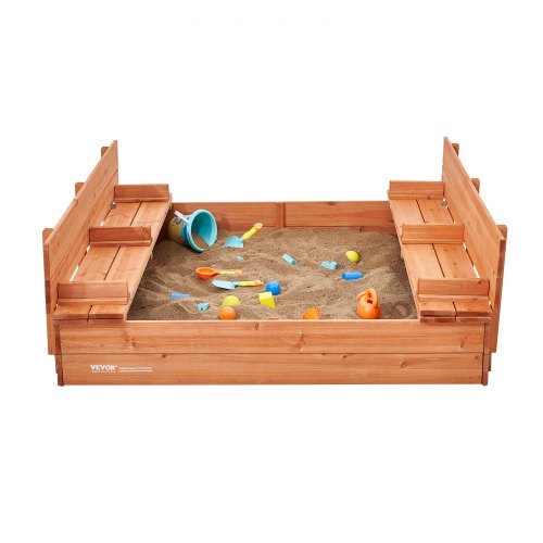 Wooden Sandbox 524 x 472 x 16.9 in Sand Box Sand Pit with Foldable Bench