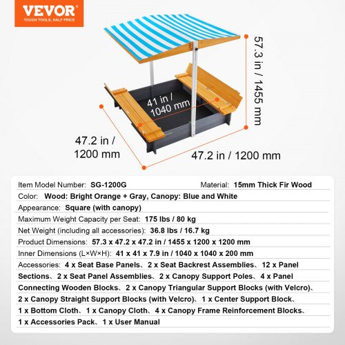 Wooden Sandbox with Canopy 573 x 472 x 47.2 in Sand Box Sand Pit with Canopy