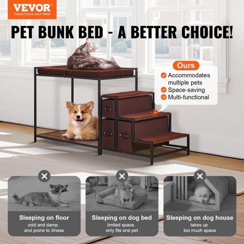 Pet Bunk Bed with Stairs DogCat Window Perch with Storage MultiLevel Bed