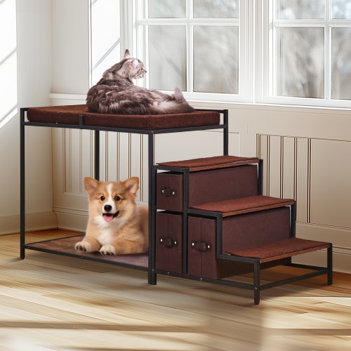 Pet Bunk Bed with Stairs DogCat Window Perch with Storage MultiLevel Bed