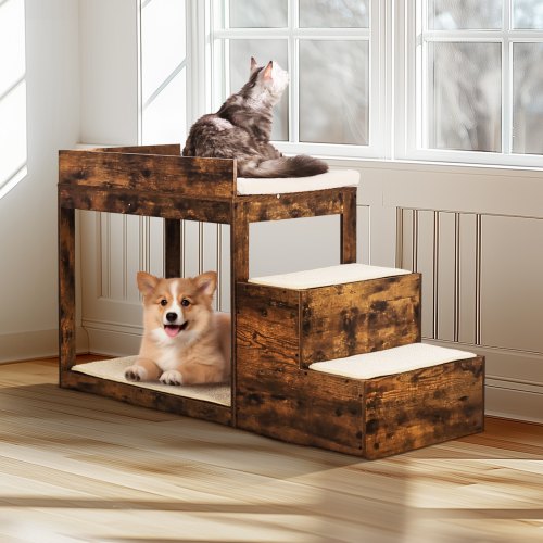 Pet Bunk Bed with Stairs DogCat Window Perch for High Beds and Couches