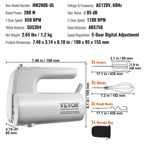 Digital Electric Hand Mixer 5Speed 200W Portable Electric Handheld Mixer