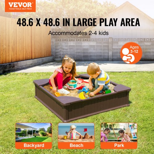 Sandbox with Cover 486x486x12.4 in Square Sand Box HDPE Sand Pit with 4