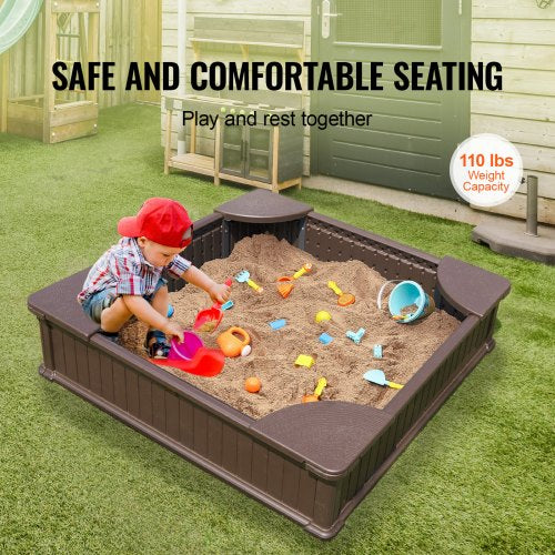 Sandbox with Cover 486x486x12.4 in Square Sand Box HDPE Sand Pit with 4
