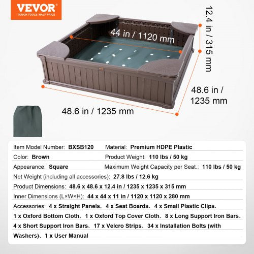 Sandbox with Cover 486x486x12.4 in Square Sand Box HDPE Sand Pit with 4