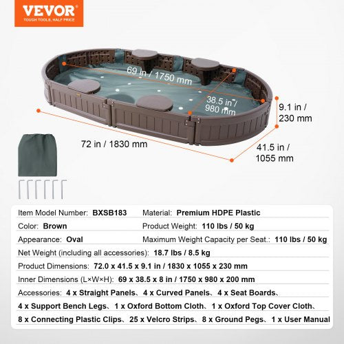 Sandbox with Cover 72 x 415 x 9.1 in Oval Sand Box HDPE Sand Pit with 4