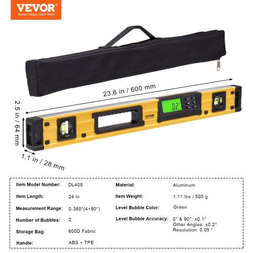 Magnetic Torpedo Level 600mm LED Backlit Screen Mechanical Bubble Vials