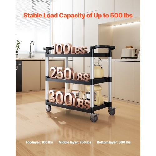 Utility Cart 500 lbs Load Capacity 3tier Utility Plastic Cart with 360°