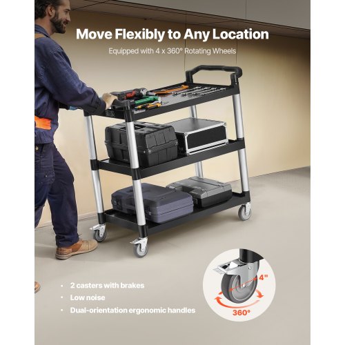 Utility Cart 500 lbs Load Capacity 3tier Utility Plastic Cart with 360°