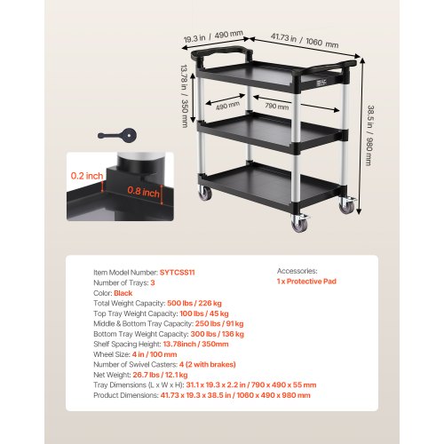 Utility Cart 500 lbs Load Capacity 3tier Utility Plastic Cart with 360°